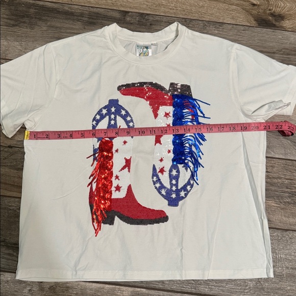QUEEN OF SPARKLES White Tee with Red and Blue Boot Design - Picture 2 of 3